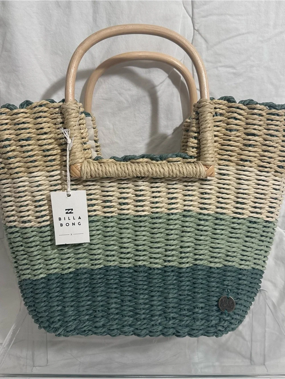 Billabong Green Ombre Woven Straw Tote with Wooden Handles
